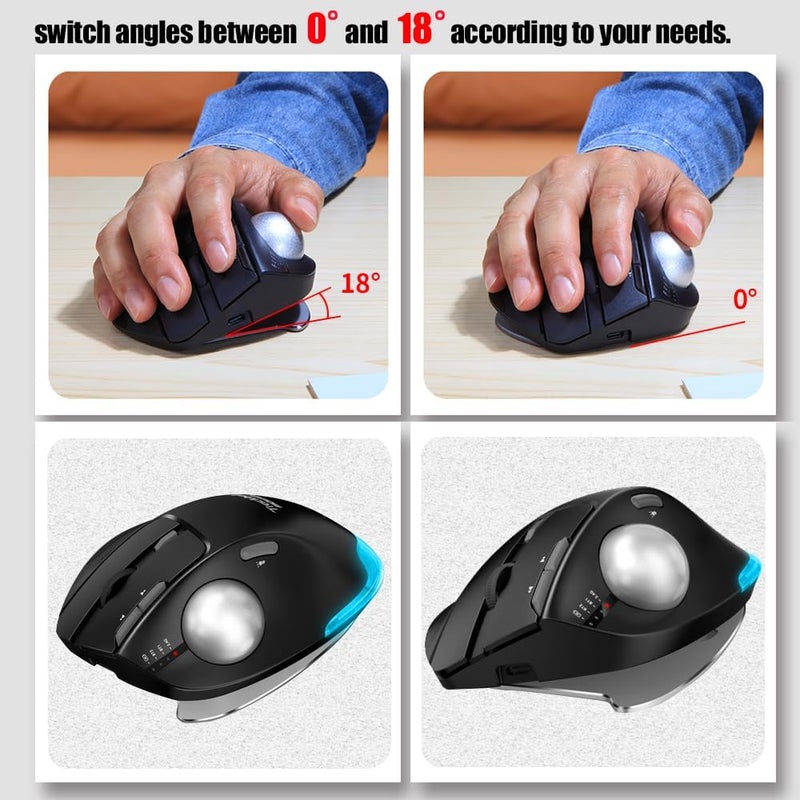 ZELOTES Wireless Trackball Mouse,Bluetooth Mouse,Rechargeable,4800 DPI, 2-in-1(BT 5.0/3.0+2.4GHz USB Receiver), 8 Buttons,Ergonomic Design,LED Lighting,for Laptop, PC, Pad,Black - Image 5